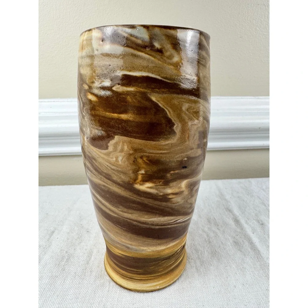 Hand Thrown Studio Pottery Marbled Agateware Vase Brown Tan Signed 6.75